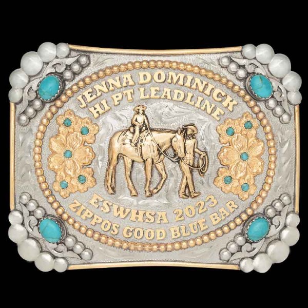 Las Cruces, This striking buckle is silver plated with a beaded and bronze line edge, plus an inside circle of bronze beads and antique finish.  As with all of ou